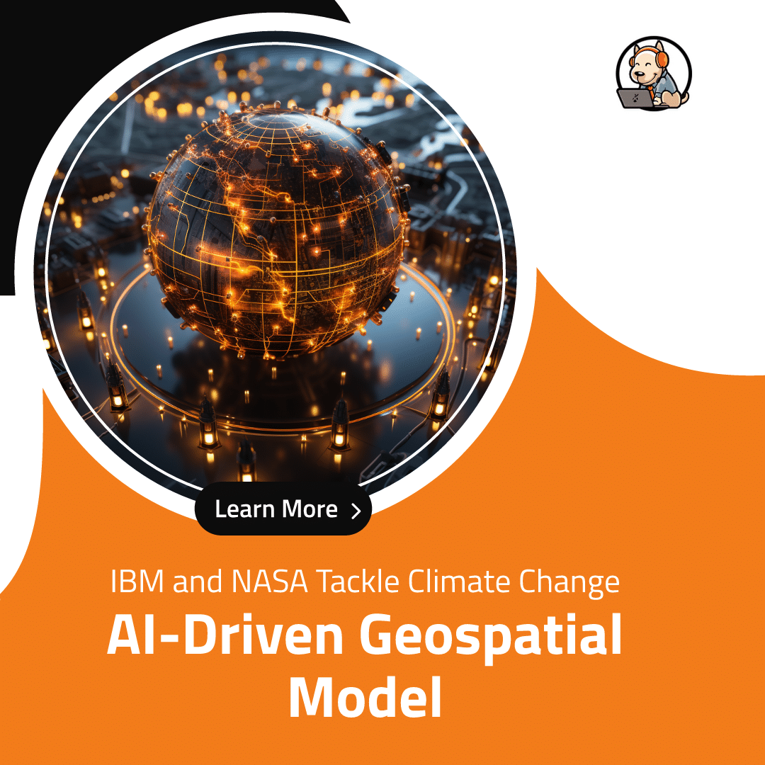 AI-driven geospatial model with Earth, digital grid, and satellite icons representing IBM and NASA collaboration to tackle climate change