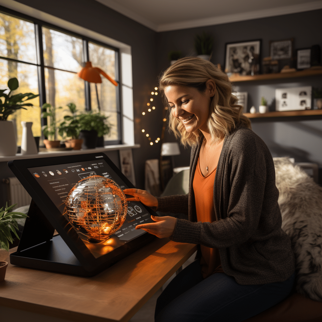 Patient using Amazon telehealth service on tablet in cozy black and orange themed home setting