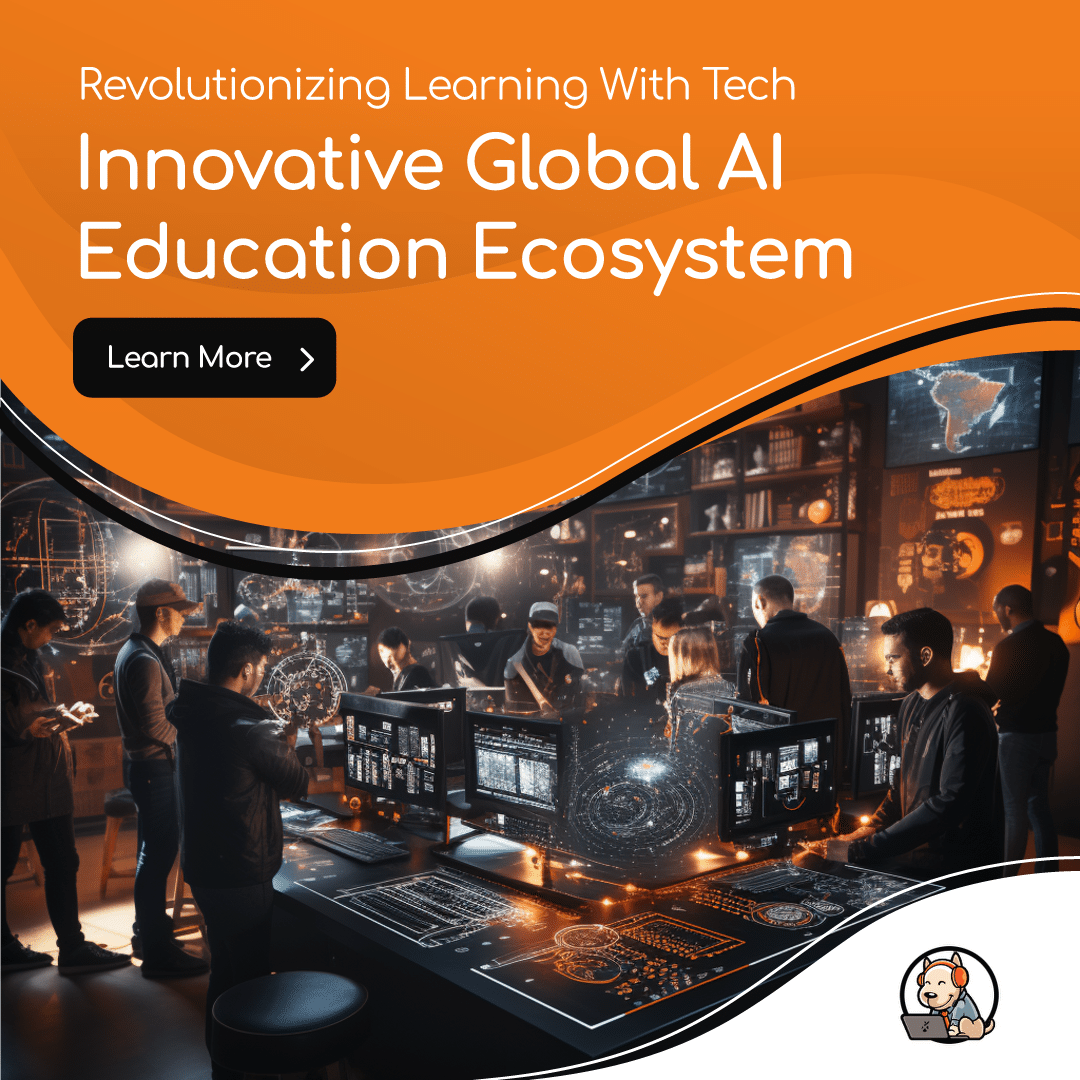 Smart Open Education Ecosystem in futuristic high-tech classroom with students using AI-driven devices and blockchain-secured resources