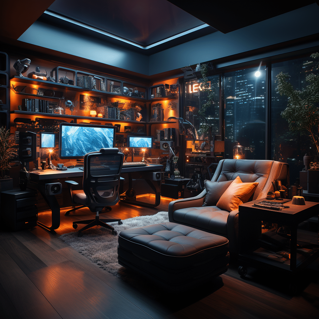 Cutting-edge Aurora R16 Next-Gen Pre-Built PC in black and orange, displayed in a futuristic gaming room with ambient blue lighting