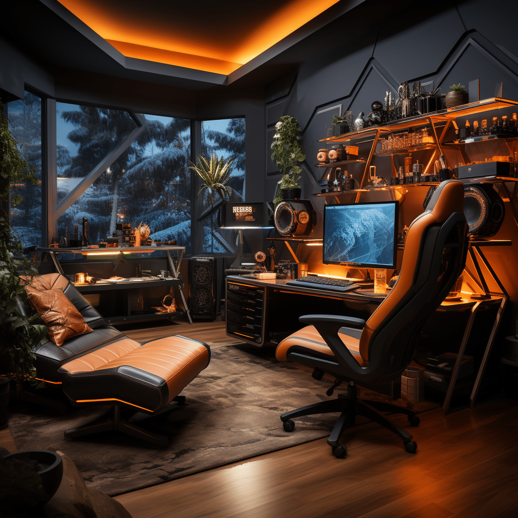 Sophisticated Aurora R16 featuring Legend 3 Design Language in black and orange, displayed in a sleek, dimly-lit workspace