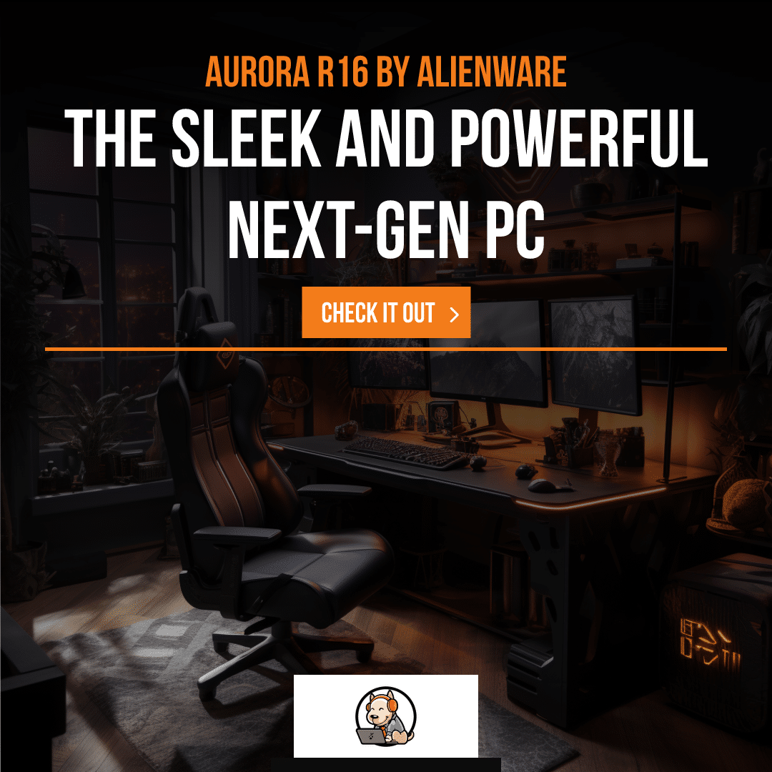A sleek black and orange Aurora R16 gaming desktop in a dimly-lit room, illuminated by ambient LED lights