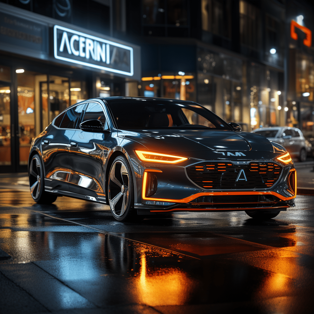 Black autonomous car navigating urban environment with ADAS Development on AWS logo in orange-lit foreground
