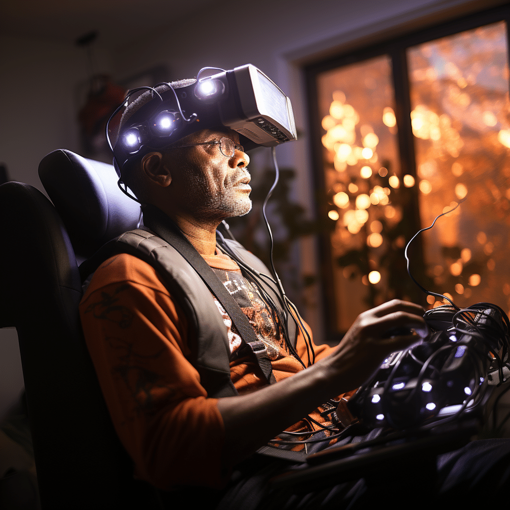 Patient engaged in Virtual Reality Treatment for Binocular Vision Disorders with a black and orange VR headset