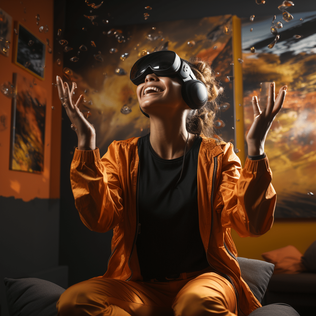Individual enjoying Virtual Reality and Gamification in Vision Disorder Treatment with a black and orange VR headset