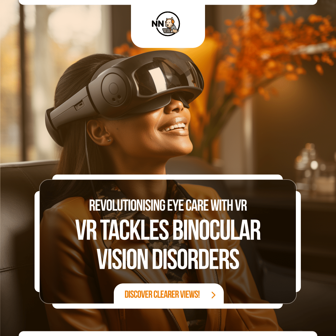Person wearing black and orange VR headset during Virtual Reality Vision Therapy session in a modern clinic