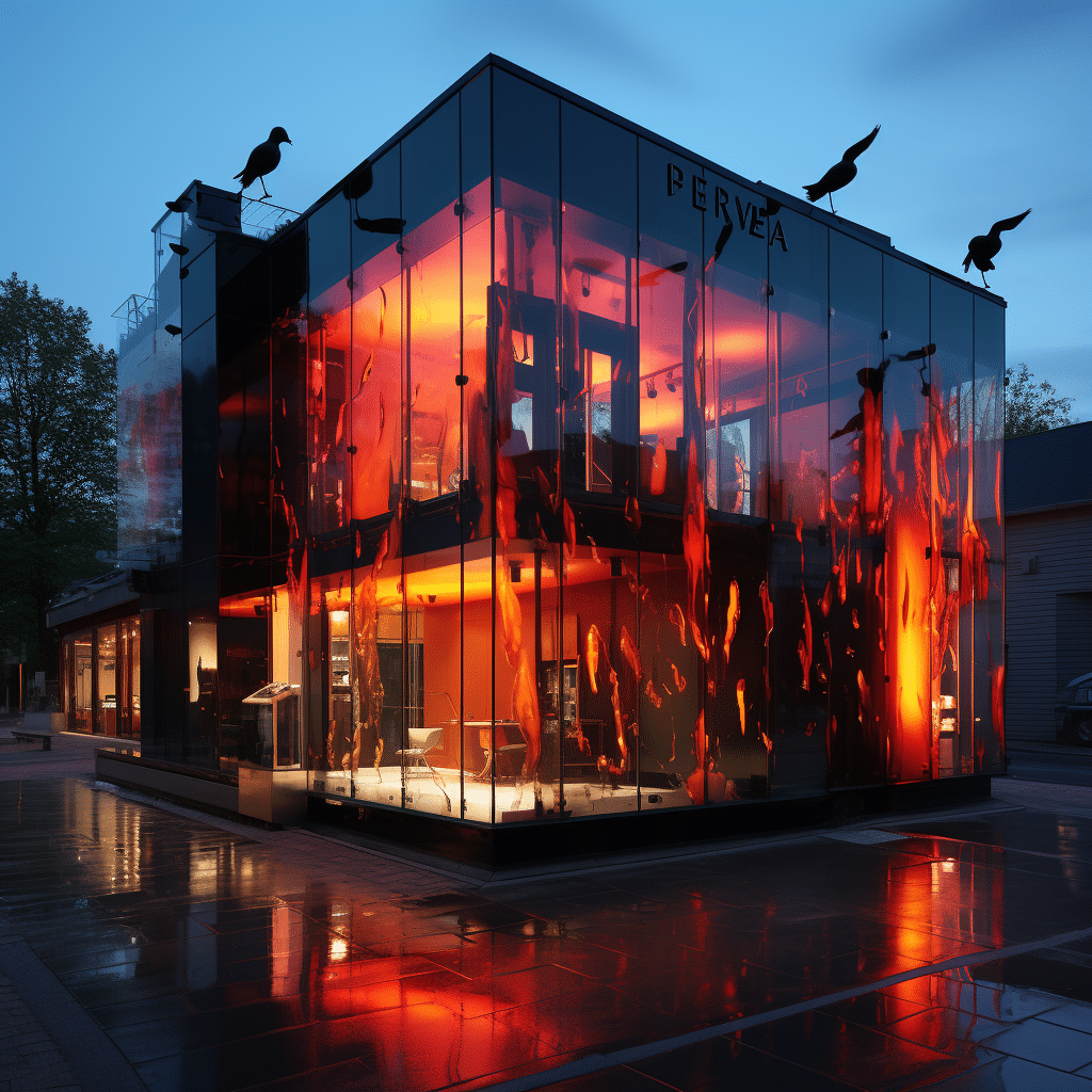Felix and Paul Studios exterior with vibrant black and orange projections inspired by "Seven Ravens" mixed reality project at dusk