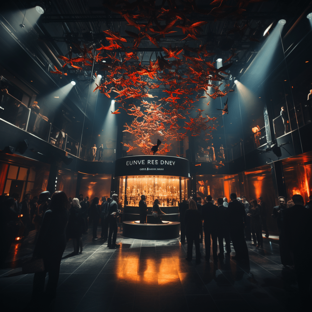 Audience immersed in Seven Ravens Premiere, enjoying mixed reality experience with dynamic black and orange visuals in elegant venue