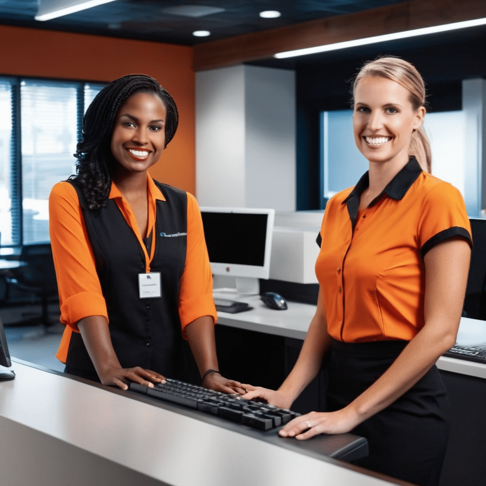 two front desk officers smiling warmly to welcome clients of a laptop battery repair service provider