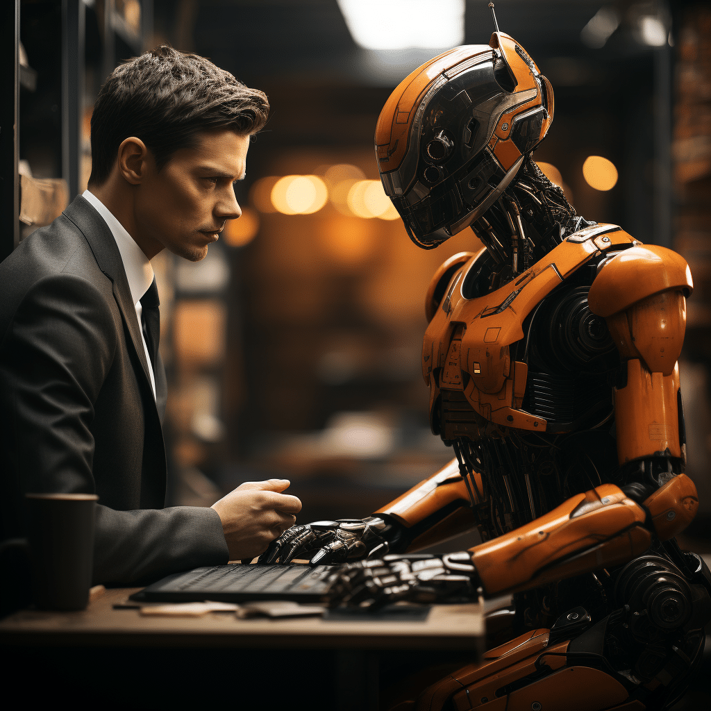 Disruptive AI and AI impact on jobs - human and robot in friendly competition at a futuristic black and orange workplace