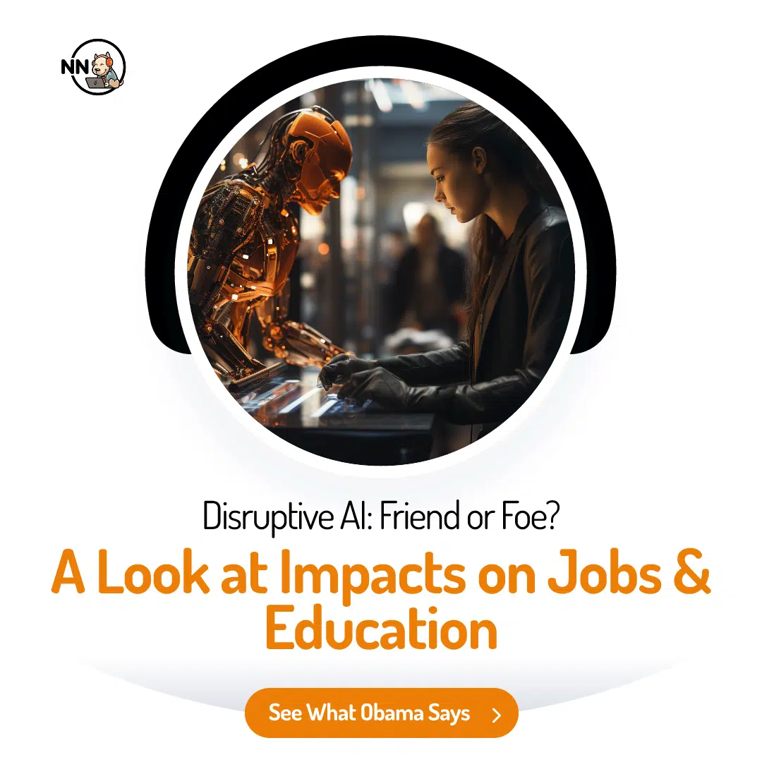 Disruptive AI - robot and human collaborating in a modern, black and orange themed workspace