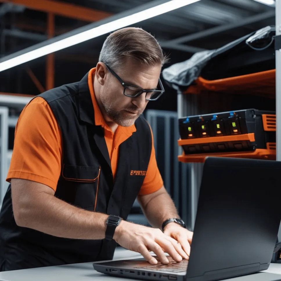 a laptop battery repair technician inspecting a laptop's battery