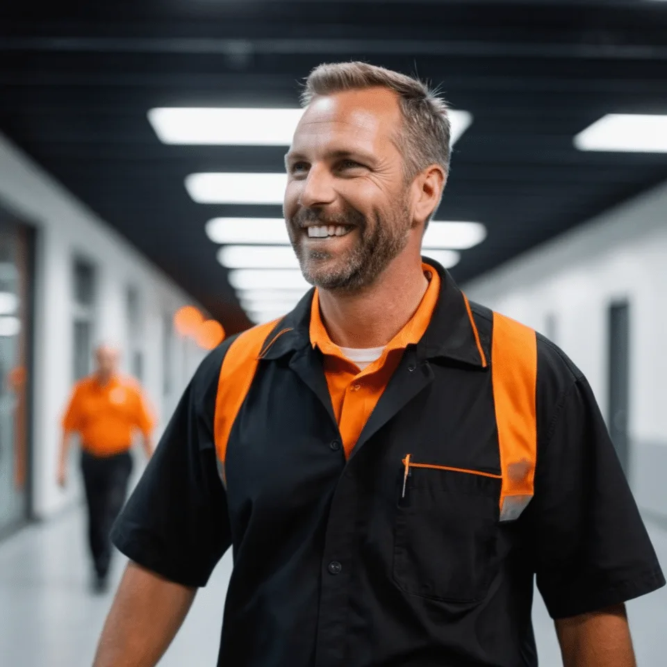 a laptop battery repair technician smiling happily on his way to a meet a client
