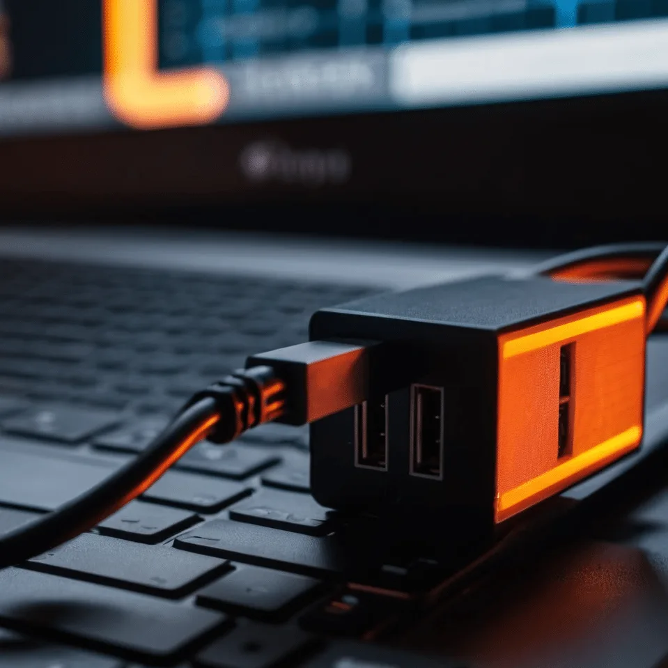 closeup image of a laptop plugged for power