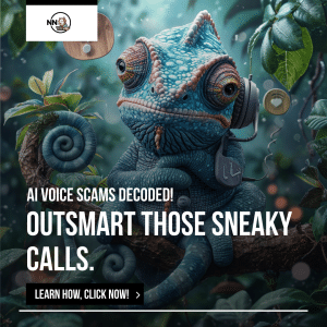 Chameleon with headphones and a smartphone on a question mark branch surrounded by AI Voice Scam icons, inviting you to decode and avoid deception.