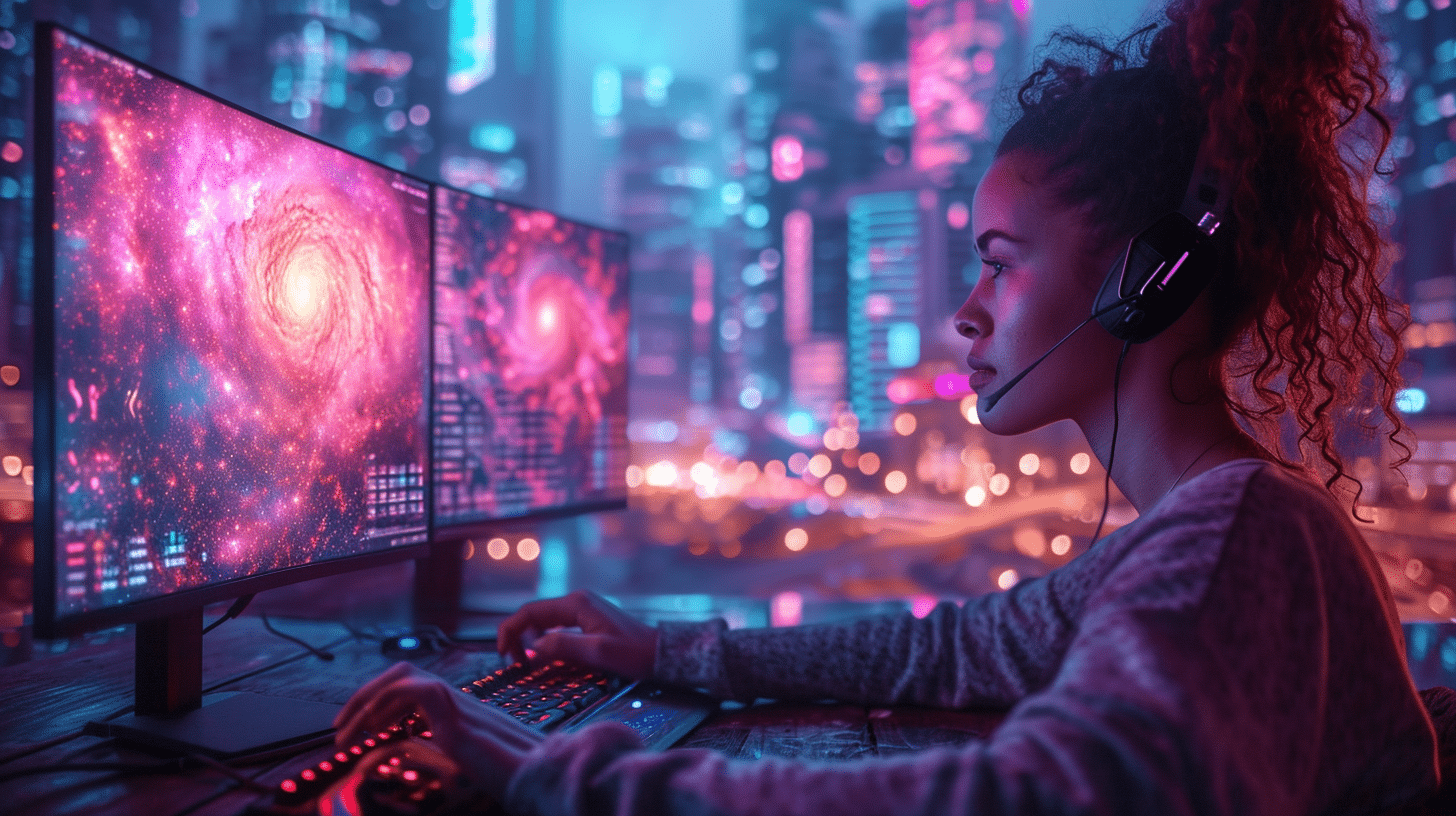 College student, graphic designer, and gamer using portable monitors in a vibrant workspace, exemplifying the diverse applications and on-the-go advantages of these lightweight tech companions.