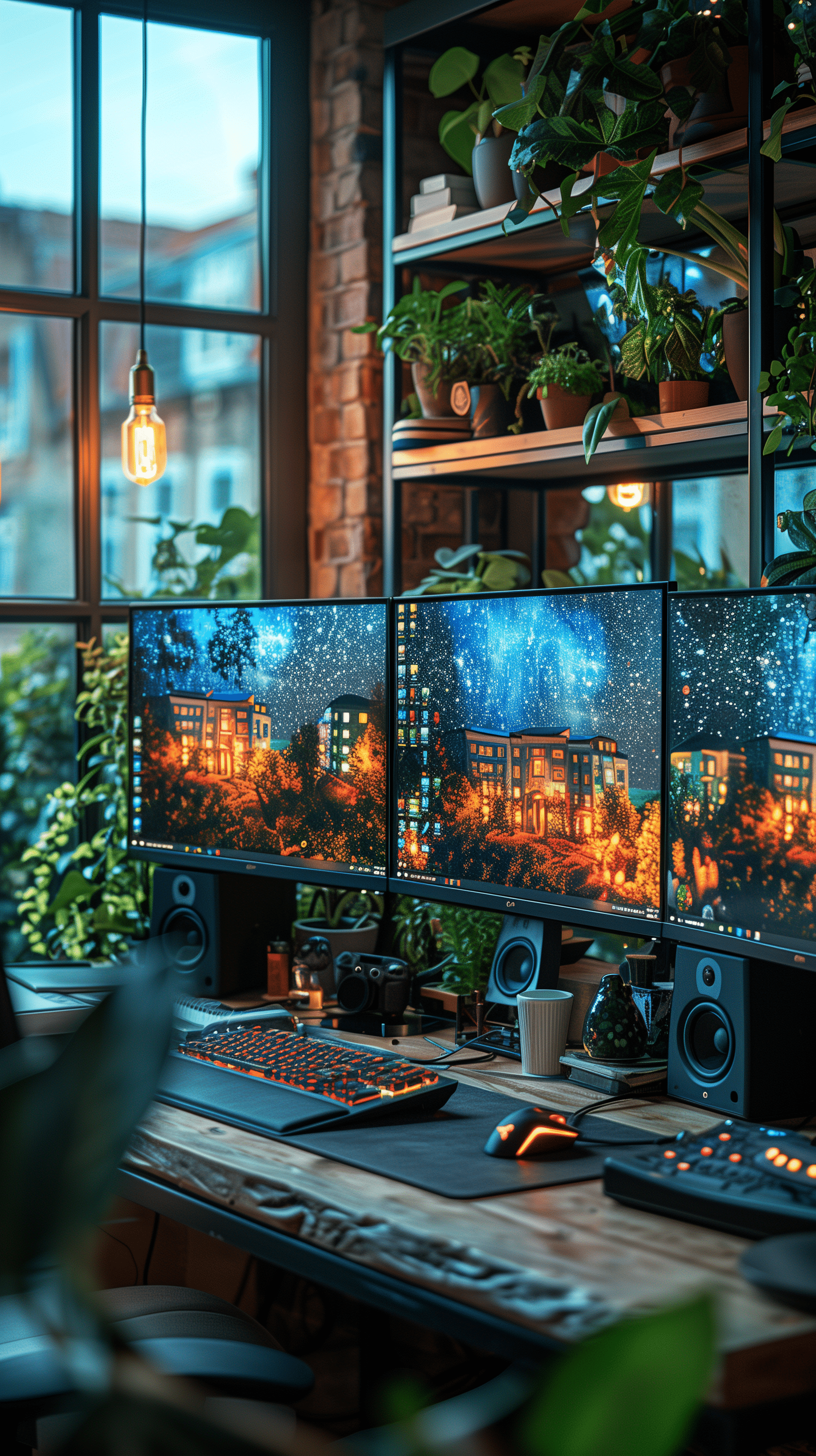 A busy graphic designer's workspace featuring multiple monitors displaying high-resolution 3D models and digital art, cutting-edge graphics software open on screens. Warm, ambient lighting, creative and organized environment.