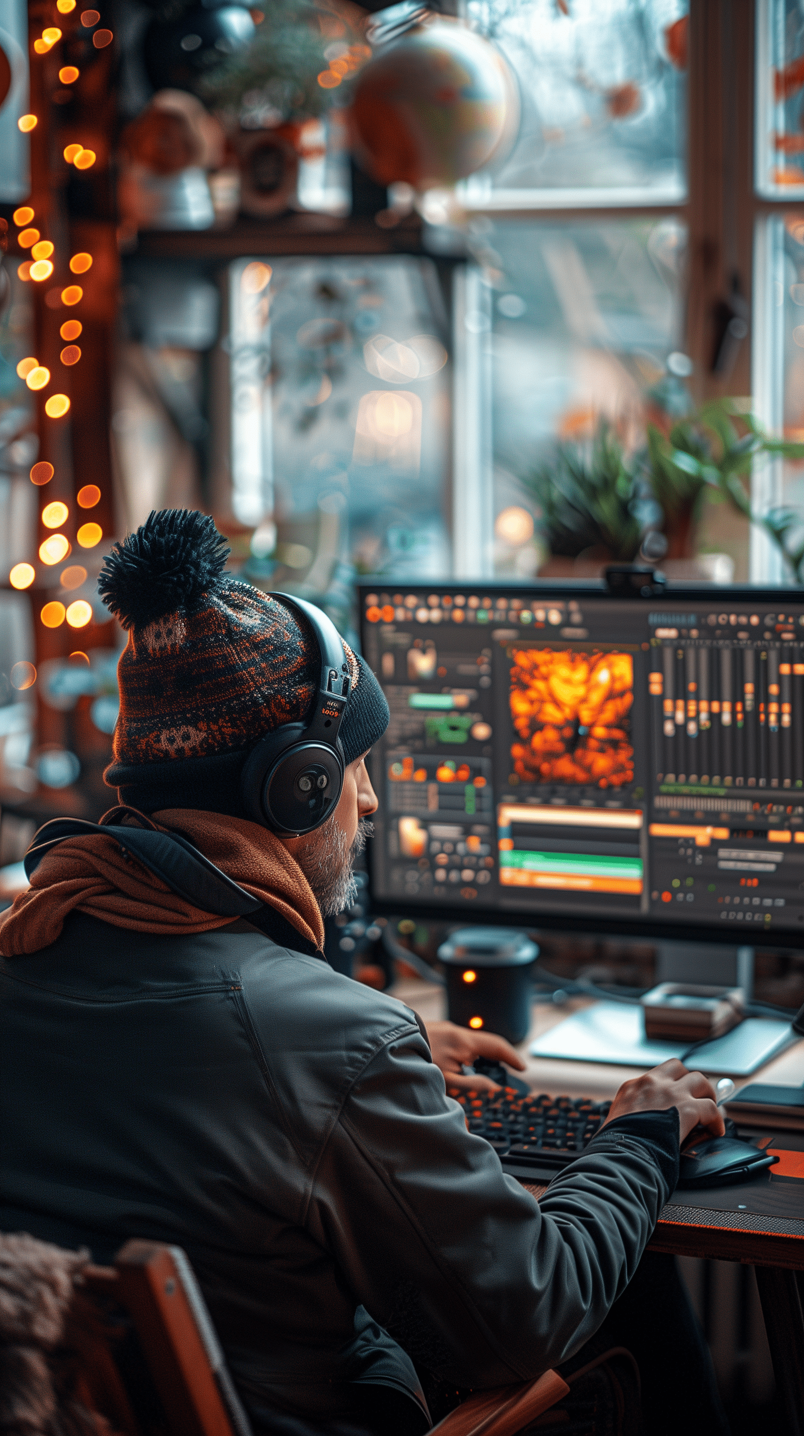 A technician resetting BIOS settings on a desktop computer, the BIOS screen displayed on the monitor, meticulous attention to detail. Warm, ambient lighting, modern and tidy workspace.