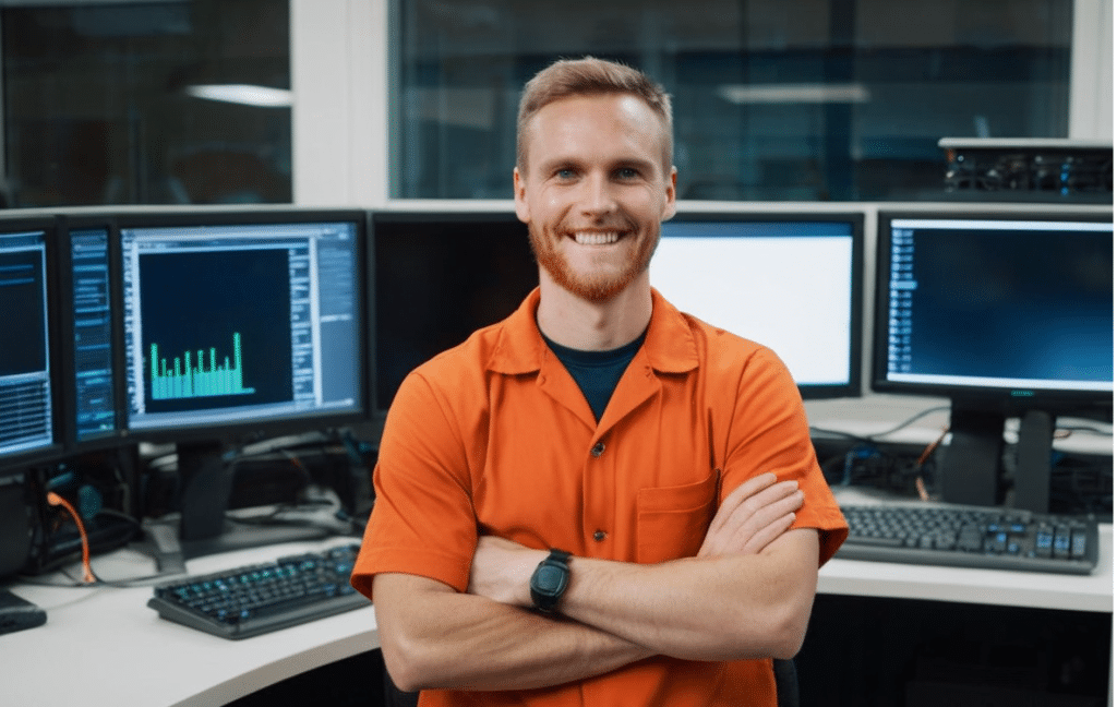 image of a computer technician wearing orange shirt with arms crossed, smiling friendly and looking straight in the camera