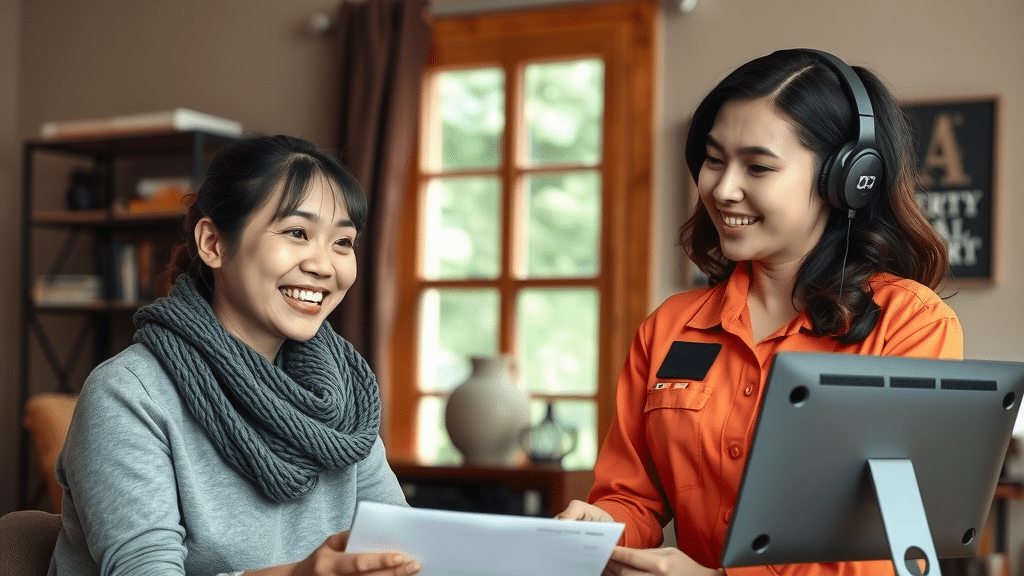 Photo of a female computer repair service client happily talking to a female computer repair technician in the client's home.