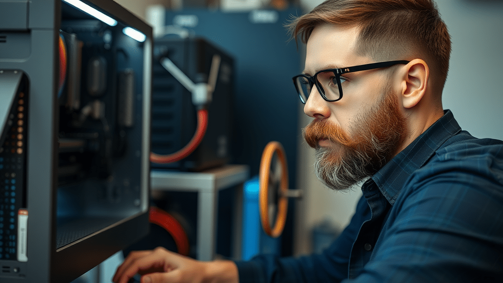 Photo of a male computer technician  with beard and eyeglasses working on a computer repair. .