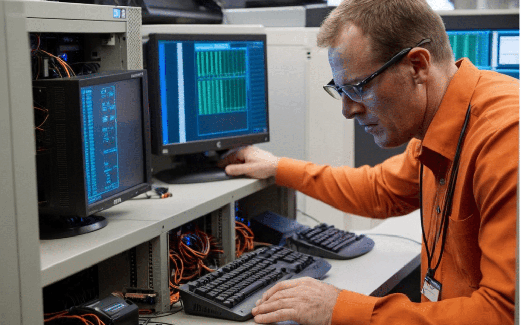 image of a computer technician wearing orange shirt with eyeglass fixing a computer set